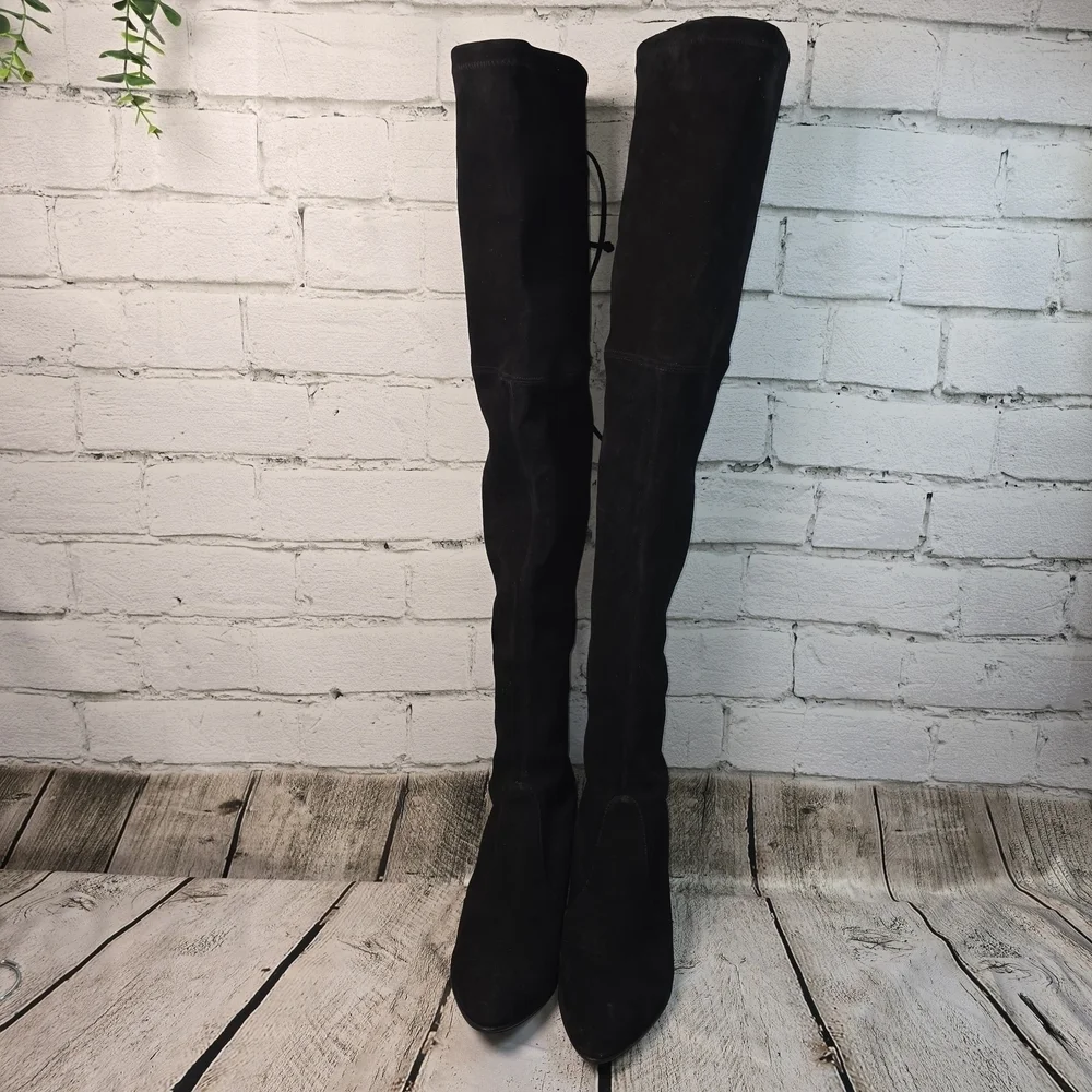 Stuart Weitzman Black Over-the-Knee Suede Tiemodel Almond Toe Womens Boots 9 EUC
